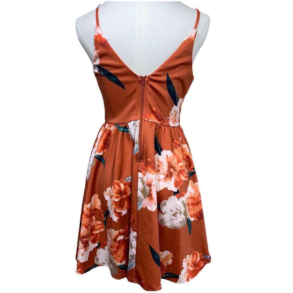 TRAC Fit and Flare Dress Womens Small Rust Floral V-Neck Spaghetti Strap Mini - Picture 4 of 10
